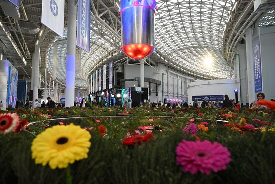 Стенд госкорпорации "Росатом", представленный II Конгрессе молодых ученых в Парке науки и искусства "Сириус". Фото могут быть использованы при наличии обязательной ссылки на источник. Место: Россия, Федеральная территория "Сириус". Автор: Павел Лисицын. II КМУ-2022. Работа конгресса