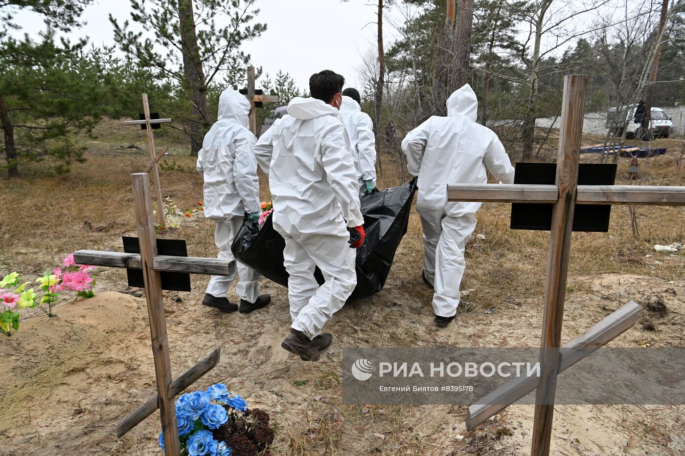 Эксгумация останков погибших мирных жителей из братской могилы в ЛНР
