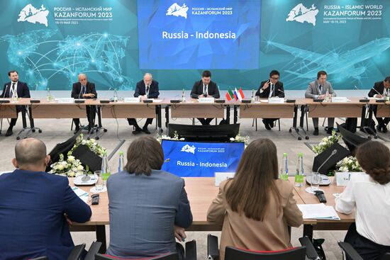 Участники сессии "Россия - Индонезия" в рамках XIV Международного экономического форума "Россия - Исламский мир: KazanForum". Фото могут быть использованы на условиях, указанных в разделе медиабанка, посвященном Форуму. Место: Россия, Республика Татарстан, Казань. Автор: Евгений Биятов/АНО "Дирекция спортивных и социальных проектов". KAZANFORUM 2023. Россия - Индонезия