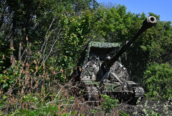 Боевая работа самоходной гаубицы 2С19 "Мста-С" с закрытых огневых позиций в ЛНР