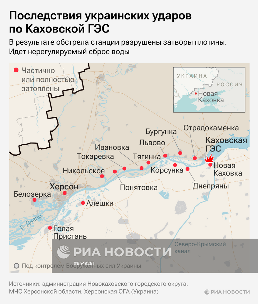 Последствия украинских ударов по Каховской ГЭС