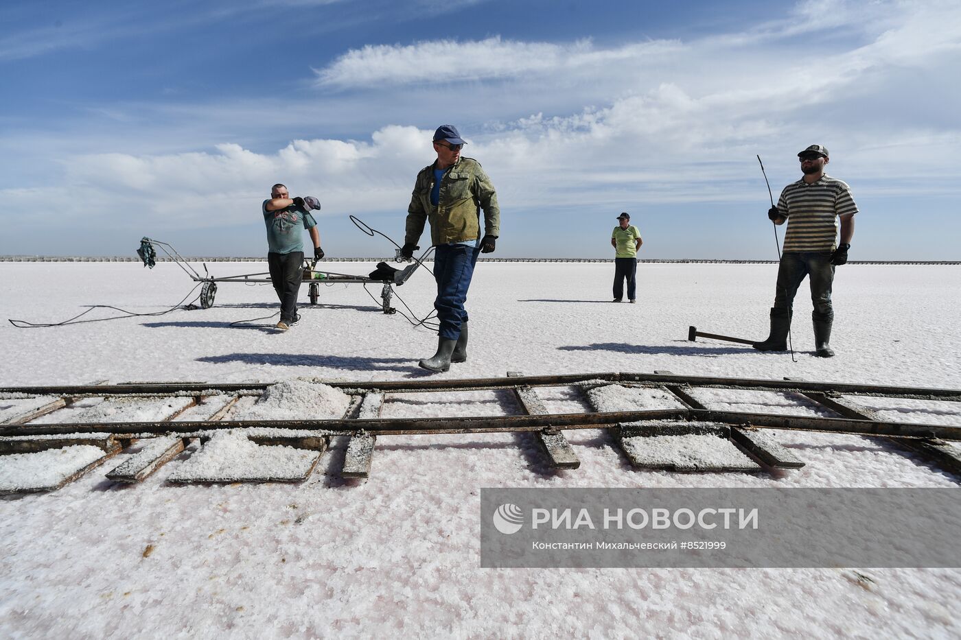 Добыча розовой соли на озере Сасык-Сиваш в Крыму