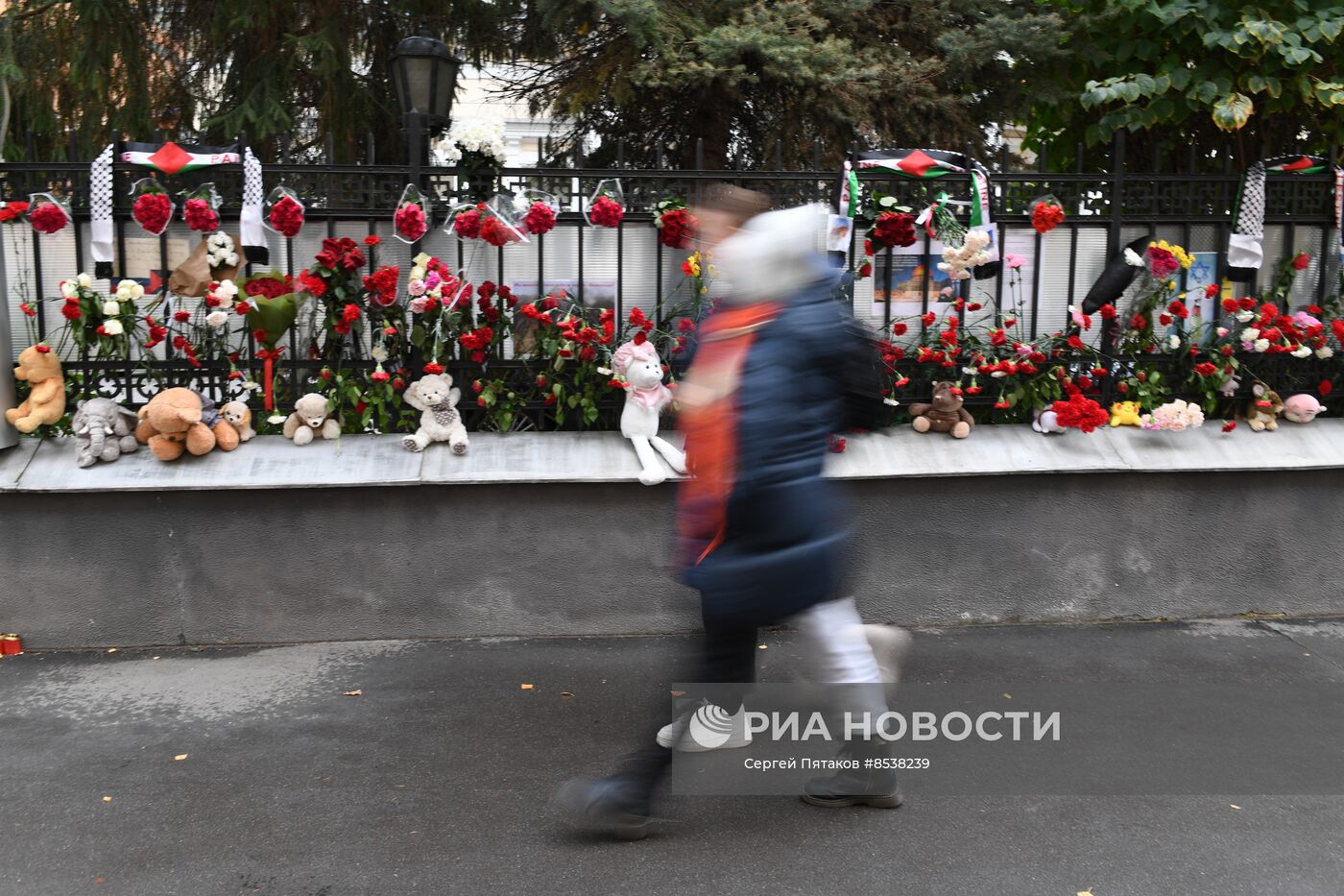 Цветы у здания посольства Палестины в Москве