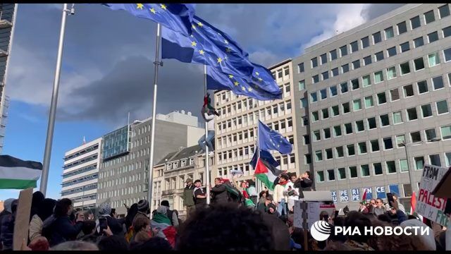 Десятки тысяч человек с палестинскими флагами начали протест в Брюсселе