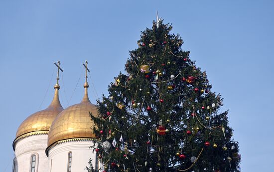 Украшение главной новогодней ели страны на Соборной площади Кремля 