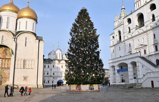 Украшение главной новогодней ели страны на Соборной площади Кремля 