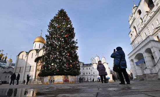 Украшение главной новогодней ели страны на Соборной площади Кремля 