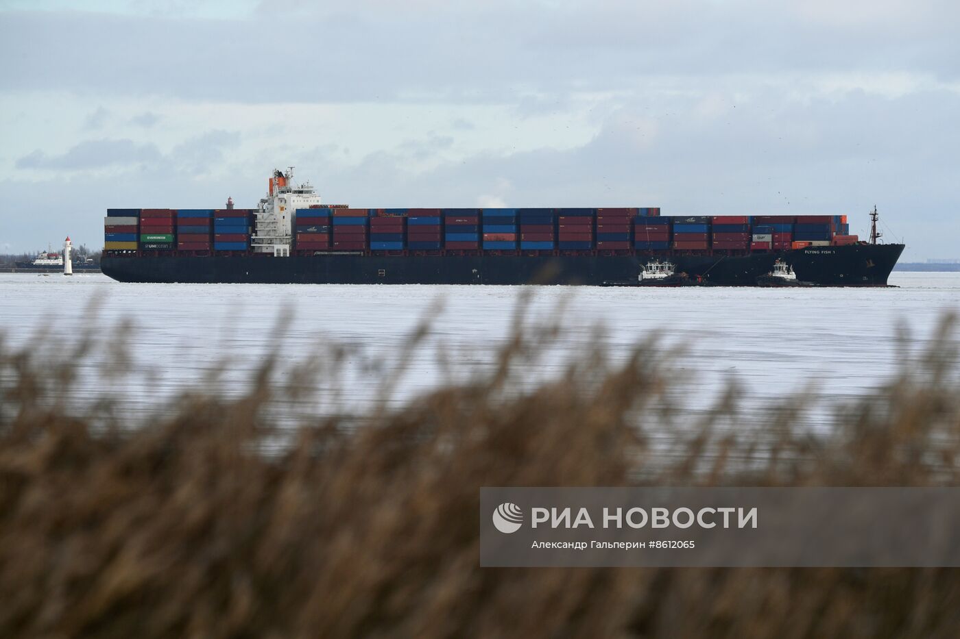 Контейнеровоз сел на мель у порта Бронка в Санкт-Петербурге