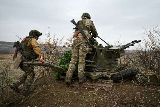 Боевая работа расчета зенитной установки ЗУ-23 группировки войск "Центр" на Красноармейском направлении СВО