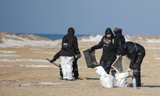 Научный штаб для отработки очистки берега от мазута в Анапе