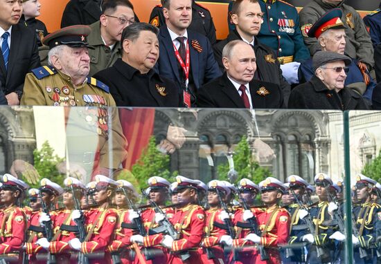 Президент РФ В. Путин и иностранные лидеры на военном параде в честь 80-летия Победы