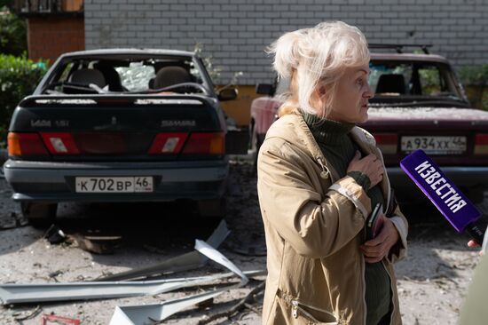 Последствия атаки беспилотника на жилой дом в Курске