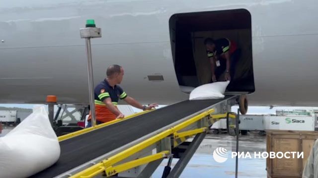 Разгрузка гуманитарной помощи с самолета Воздушно-космических сил (ВКС) России